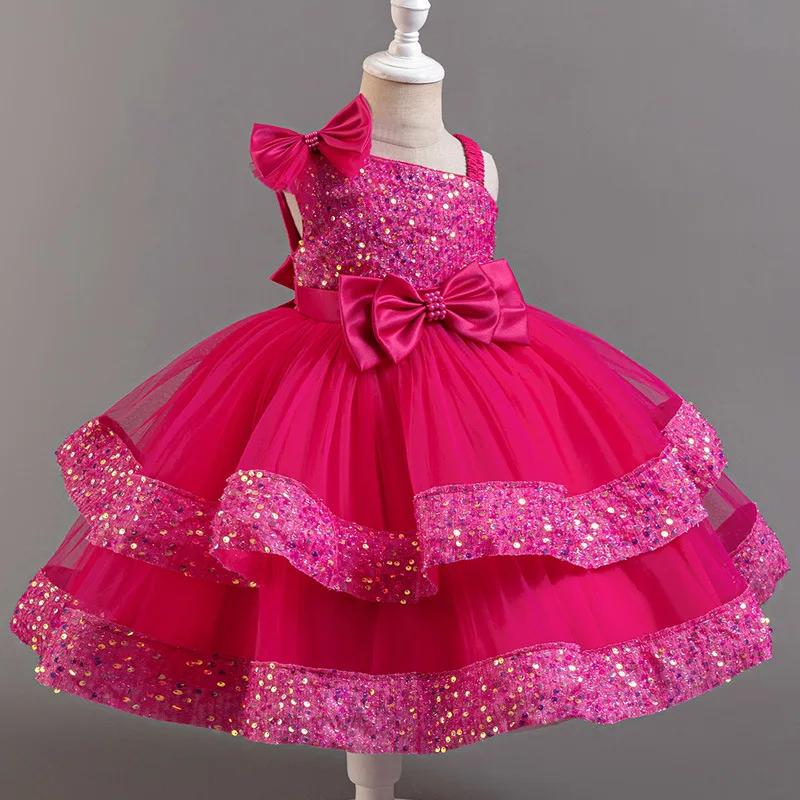 Robe de princesse en maille pour filles, avec nœud à paillettes, col irrégulier, pour fête d'anniver