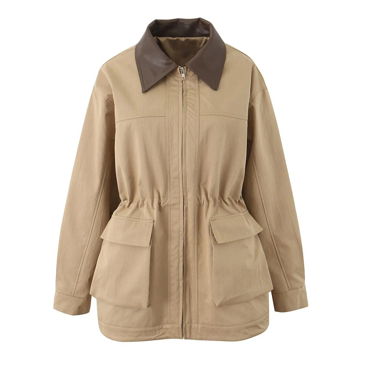 Manteau Safari en Faux Cuir Épissé pour Femme, Veste à Fermeture Éclair, 2 Poches Avant, Taille arti