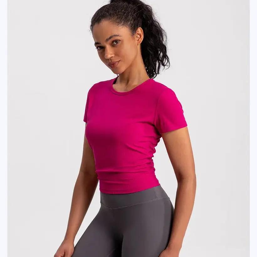 T-shirt de yoga sans coutures pour femmes - Haut sportif respirant manches courtes course