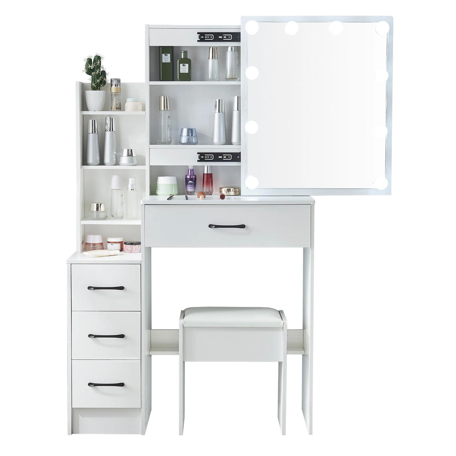 Commode avec miroir à ampoule LED, ensemble de vanité avec 4 portes de proximité, 3 motifs lumineux