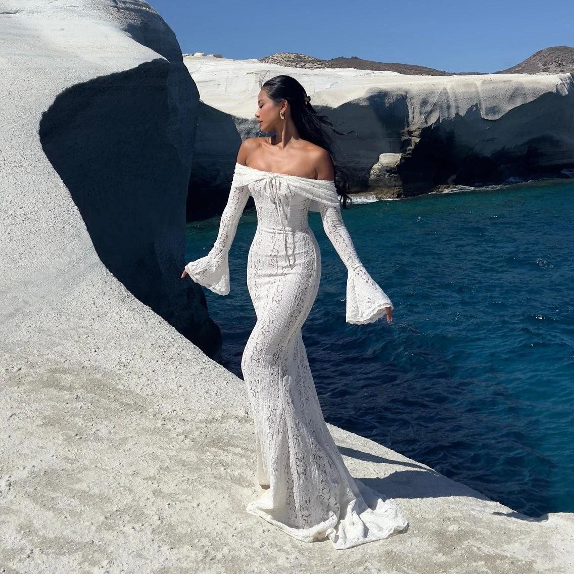 Oligai Robe Longue Dentelle Blanche Femme 2024 - Robe Épaules Dénudées Manches Évasées Bodycon pour