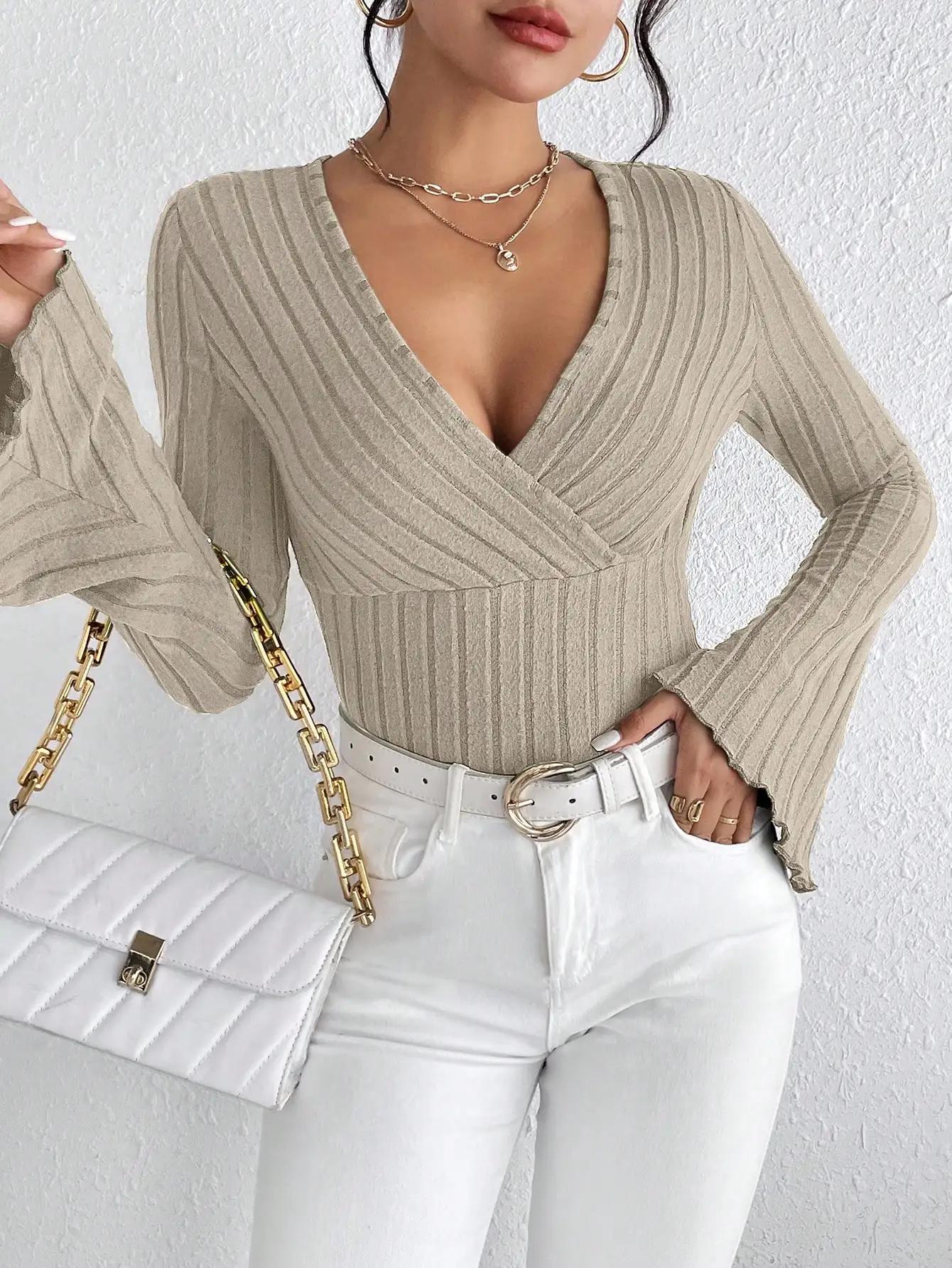 T-shirt à manches longues et col en V pour femmes, chemise slim rayée sexy, Y, automne et hiver