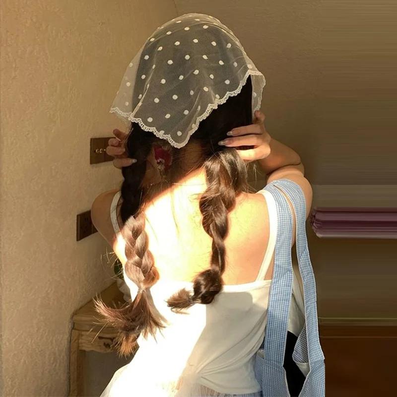 Foulard triangulaire en dentelle pour femmes, accessoire de cheveux Simple à pois, bandeau de Style