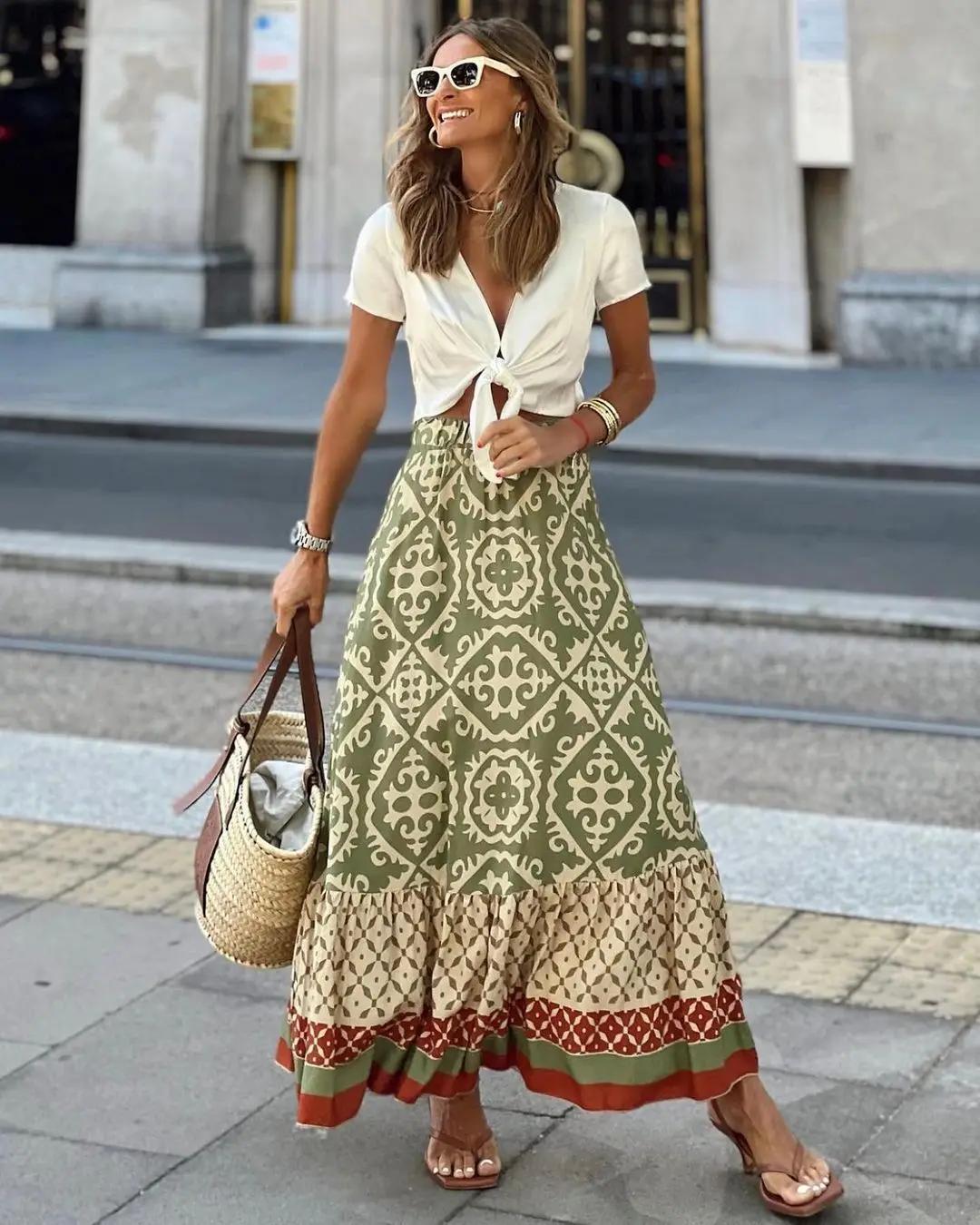 Jupe évasée imprimée à taille élastique pour femme, jupe midi bohème à empiècements, idéale pour la