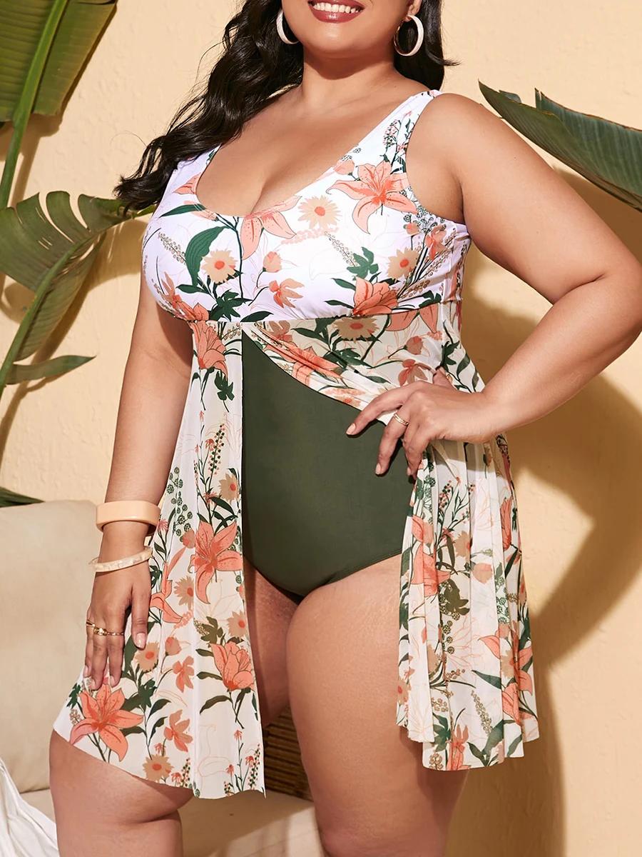 Grande taille plante imprimé ourlet à volants une pièce maillot de bain Plus maillots de bain femmes
