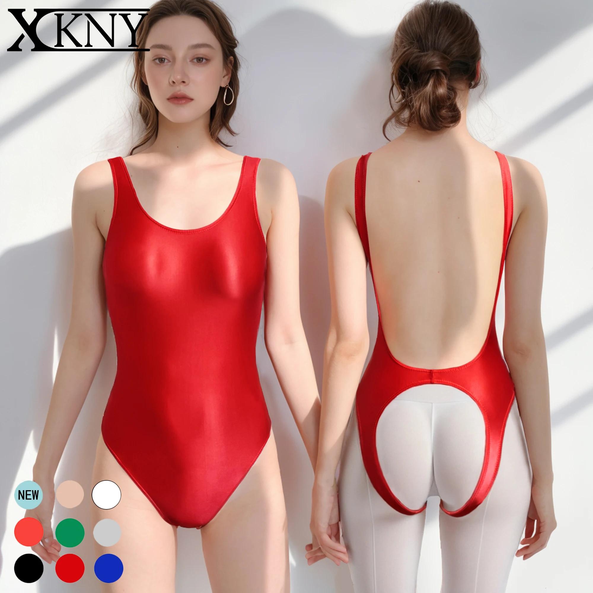 Maillot de bain une pièce masqué, sexy, serré, haute élasticité, huileux, brillant, couleur unie, en