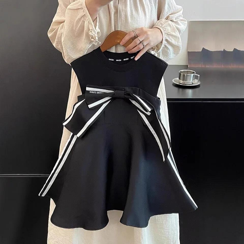 Robe d'été vintage rayée sans manches pour bébé fille, avec nœud et fronces, pour enfant de 1 à 8 an