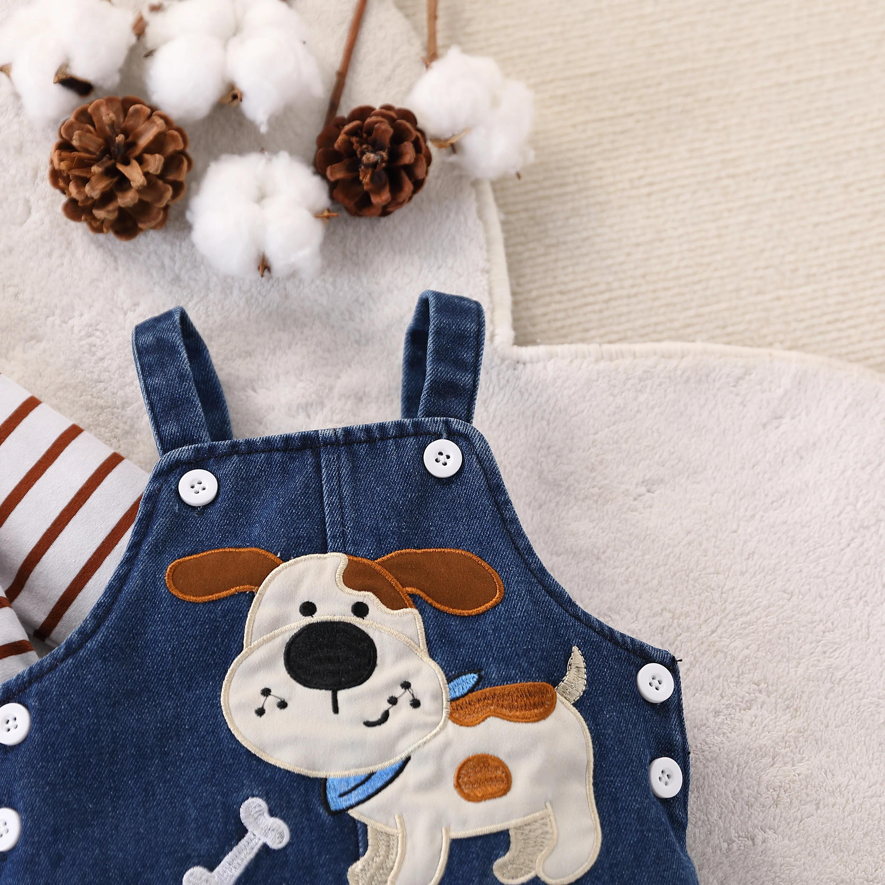 Combinaison rayée rouge et blanche pour bébé garçon + salopette en jean à motif de chiot mignon, ten