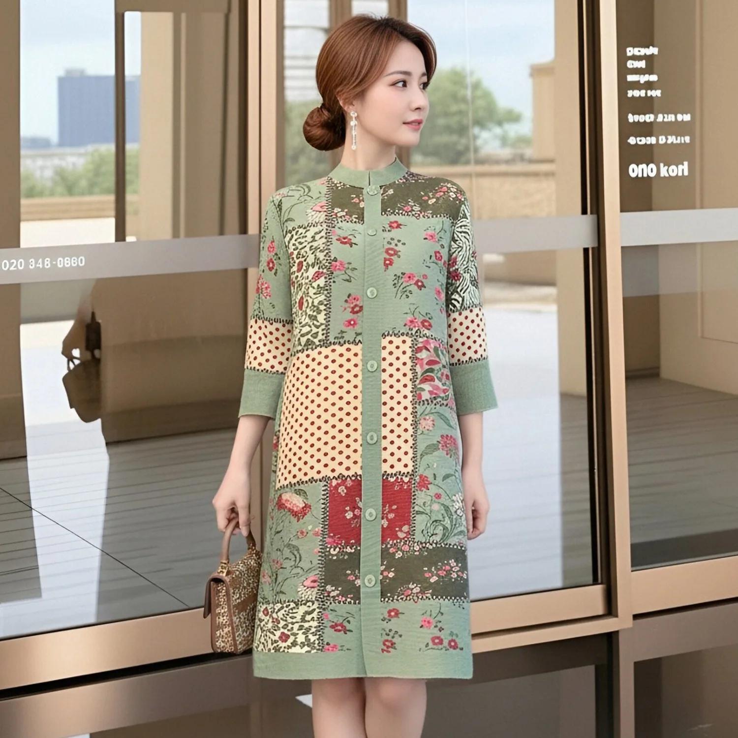 Robe Cardigan Plissée Miyake Femme Tendance Imprimée Col Montant Manches 3/4 Boutonnage Simple Éléga