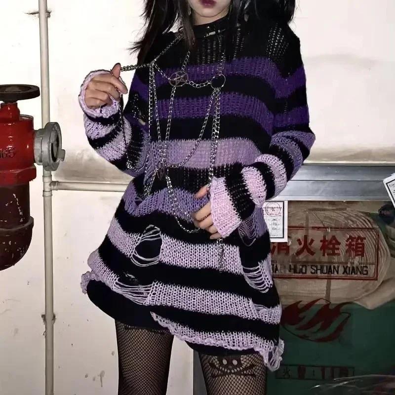 Nouveau automne Punk gothique Long unisexe pull femmes rayé Cool évider trou cassé pull ample Rock m