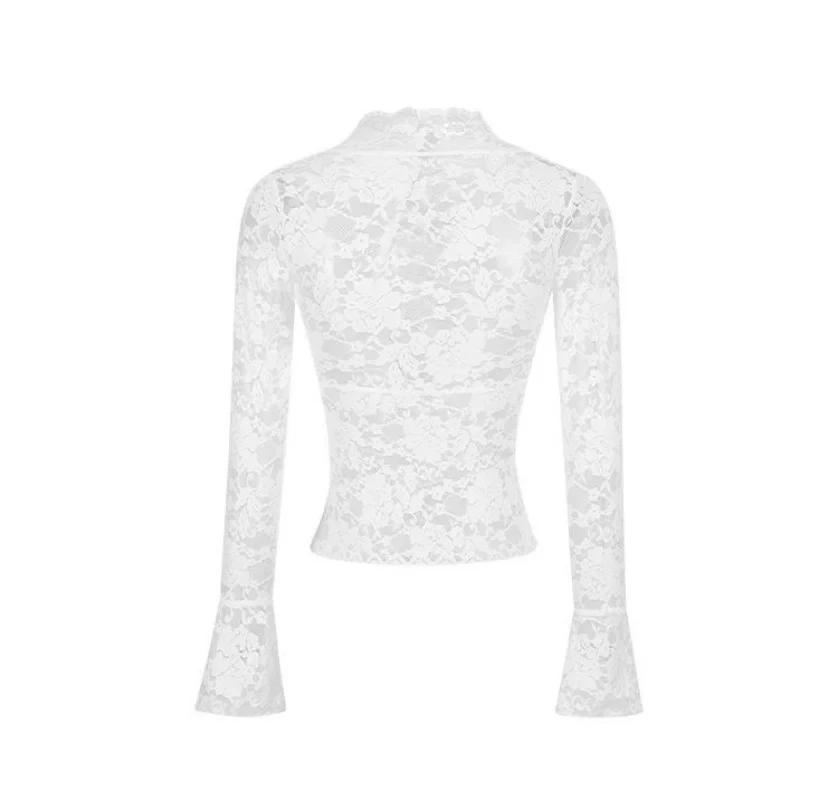 Sexy col en v transparent T-Shirts mode femmes Flare à manches longues printemps dentelle mince pull