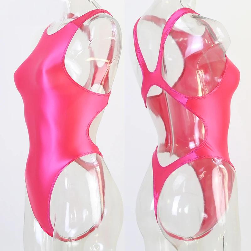 Maillot de bain une pièce en satin brillant pour femme, justaucorps sexy, bikini taille haute, strin