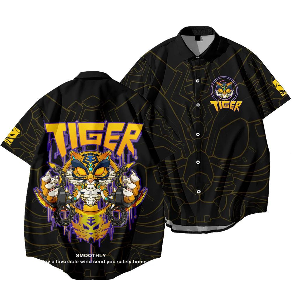  Chemise Harajuku Dragon Tiger pour hommes, imprimé ethnique noir, surdimensionné, manches courte