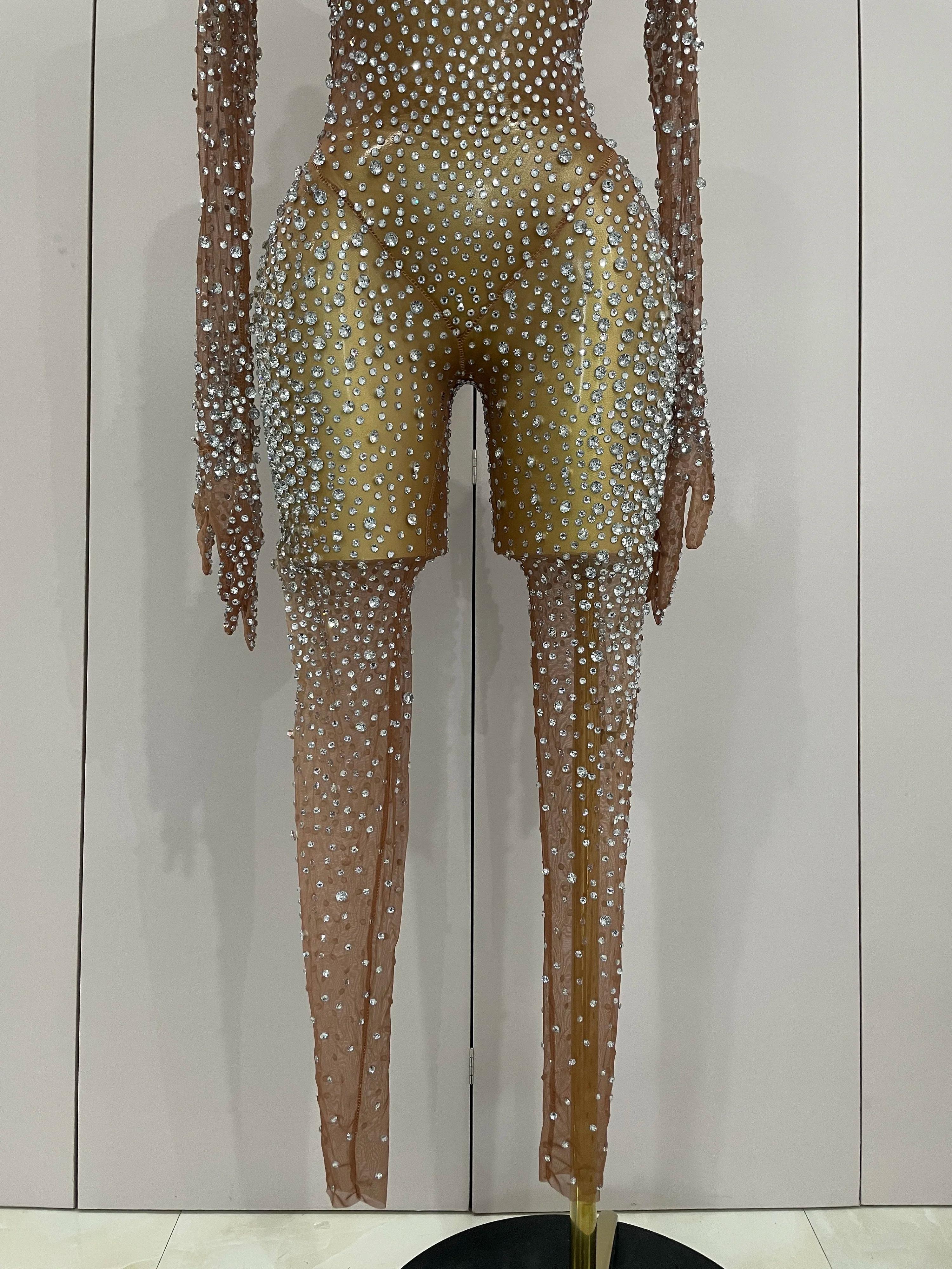 Combinaison de luxe en maille transparente pour femmes, strass scintillants, Sexy, moulante, robe d'