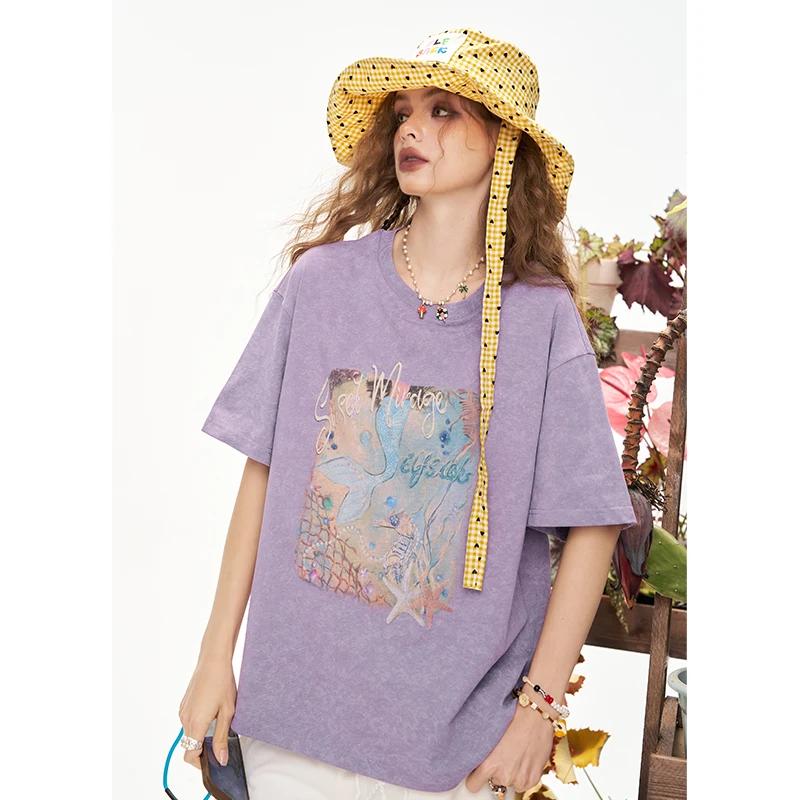 ELFSACK T-shirt surdimensionné à imprimé sirène pour femme, tee-shirt violet délavé vintage avec mot