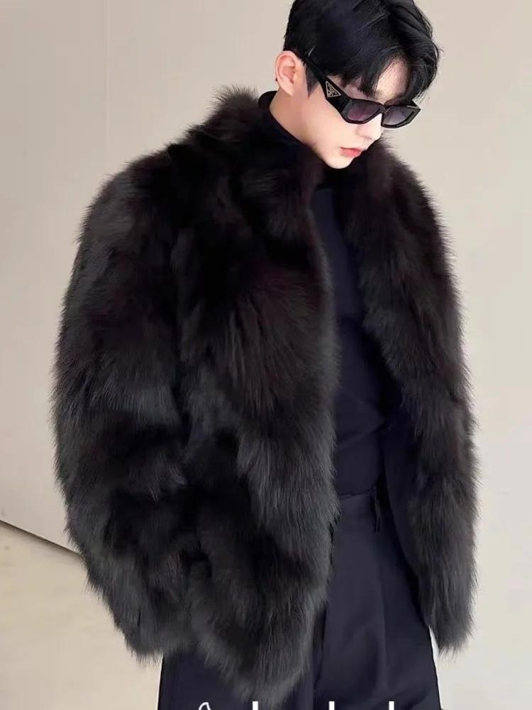 Imitation de fourrure épaissie hommes fausse fourrure de renard manteau mâle chaud pardessus à manch