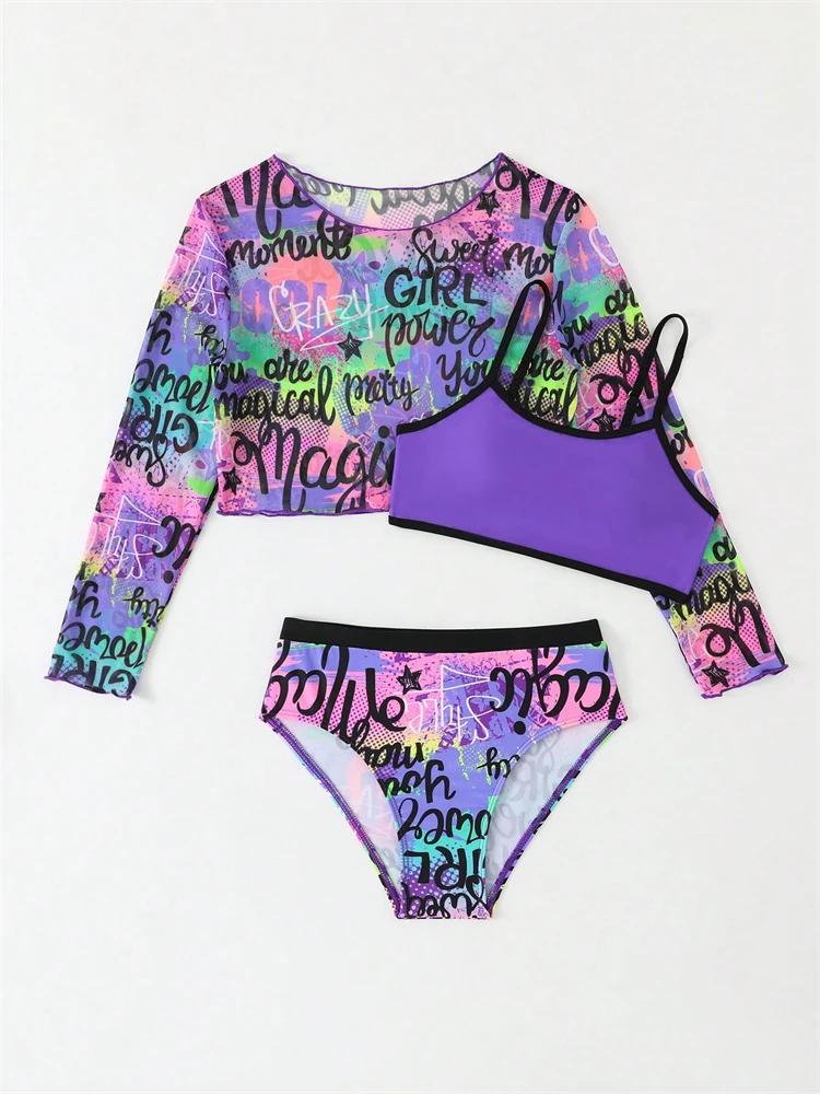 Bikini enfants filles maillot de bain 2026 nouveau violet lettre fronde maille à manches longues enf