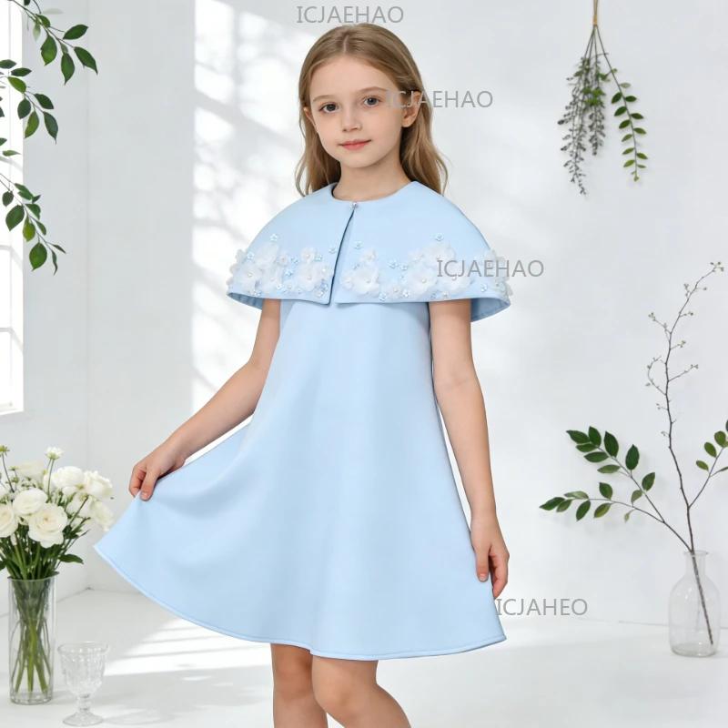 Robe de princesse bleu clair élégante pour filles 2026 avec cape et jupe à volants, idéale pour les