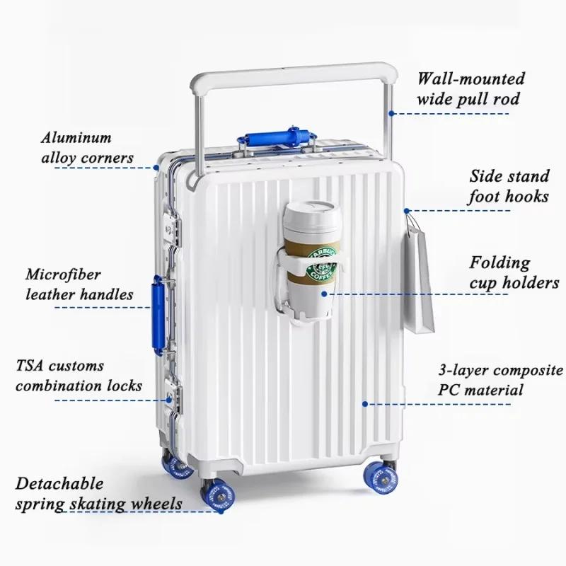 Valise à guidon large, bagage roulant, cadre en aluminium de grande capacité, boîtier de chariot ave