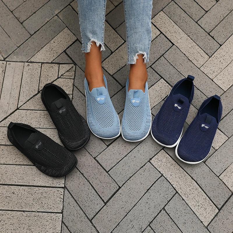 Chaussures à bout large pour femmes, baskets de marche respirantes en maille tricotée, semelle soupl