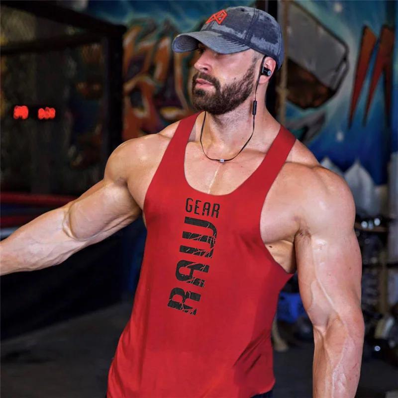 Nouveaux hommes coton débardeurs gym fitness muscle chemise sans manches mâle impression maillot de