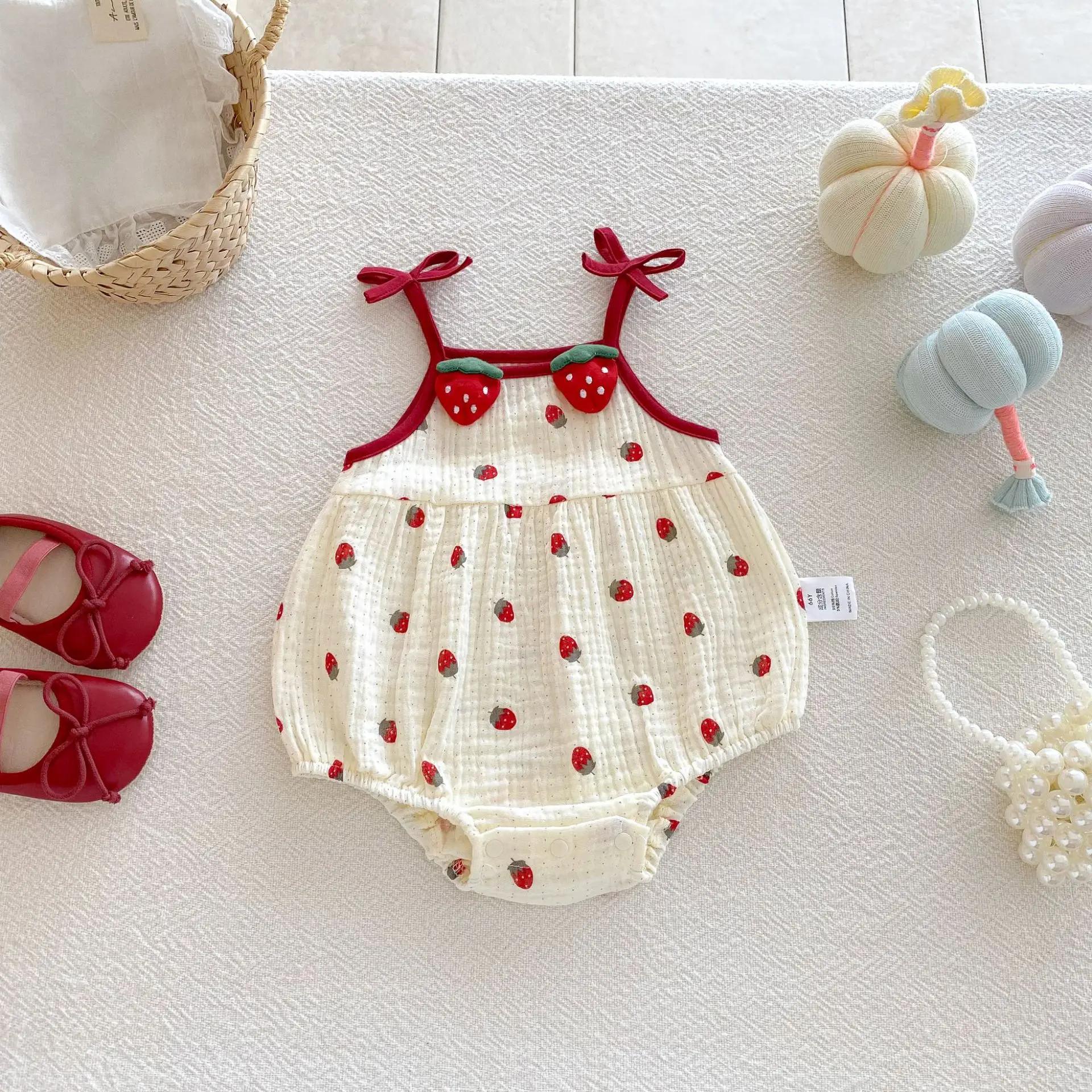 Combinaison d'été 2026 mignonne pour bébé, motif fraise, camisole une pièce, vêtement jaune sans man