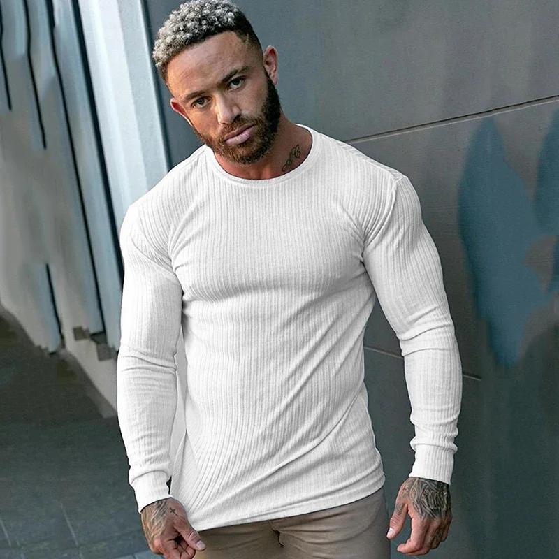 T-Shirts de gymnastique unis à manches longues pour hommes, chemises à bandes de sport ajustées, tri