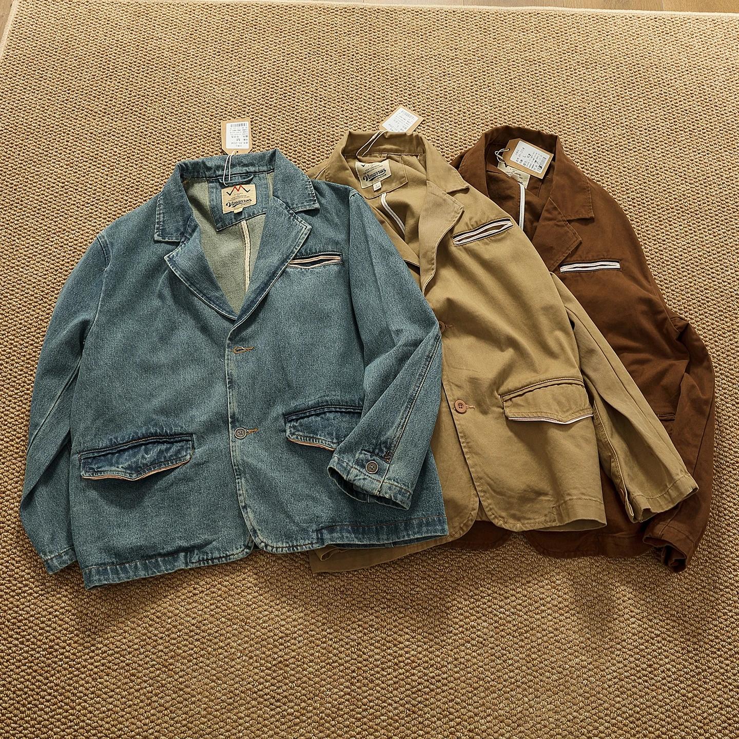 Style revers vêtements de travail rétro Fengshui lavage vieille veste en jean haut hommes pur coton