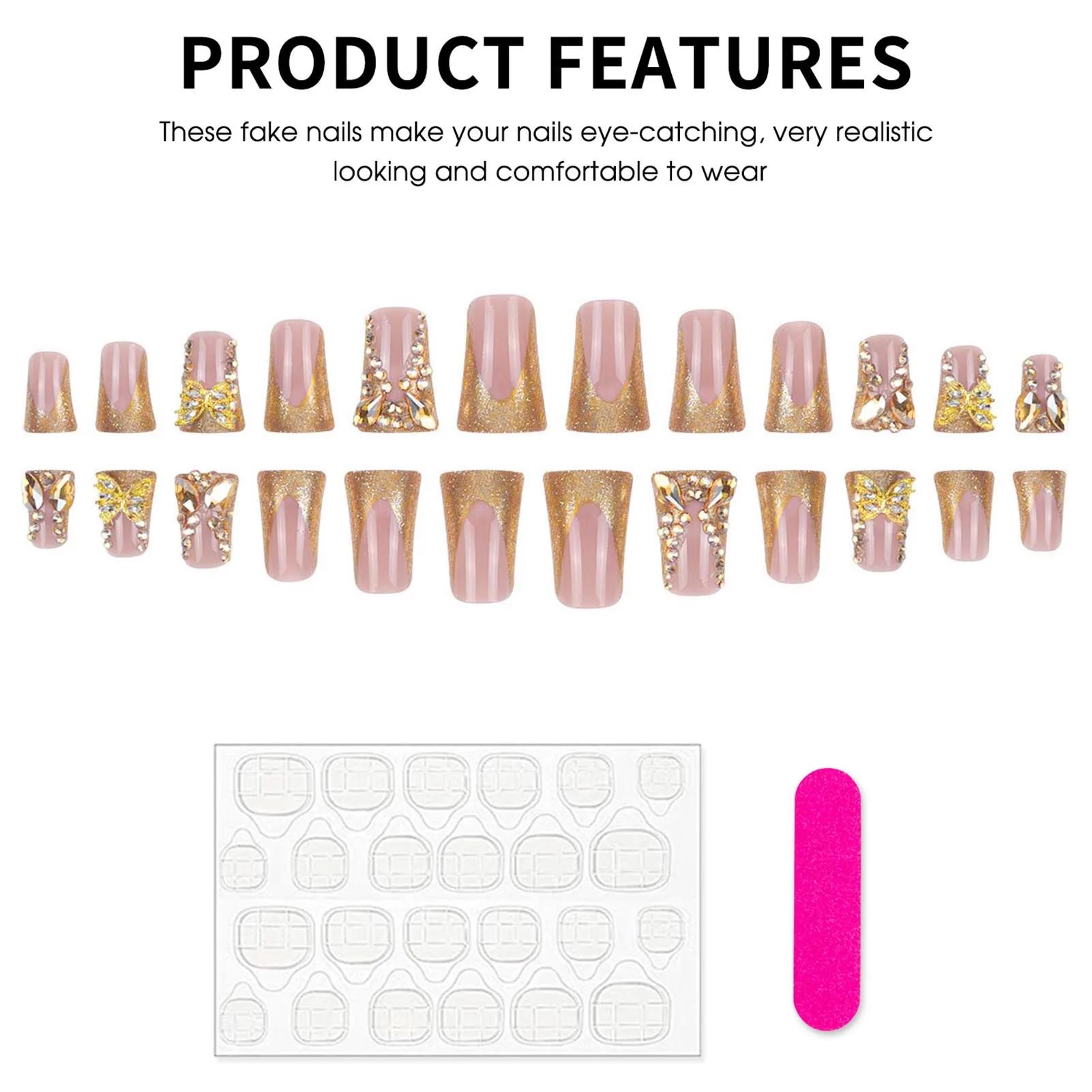 24 pièces lumière luxe presse sur ongles brillant or Style français bec de canard faux ongles plein