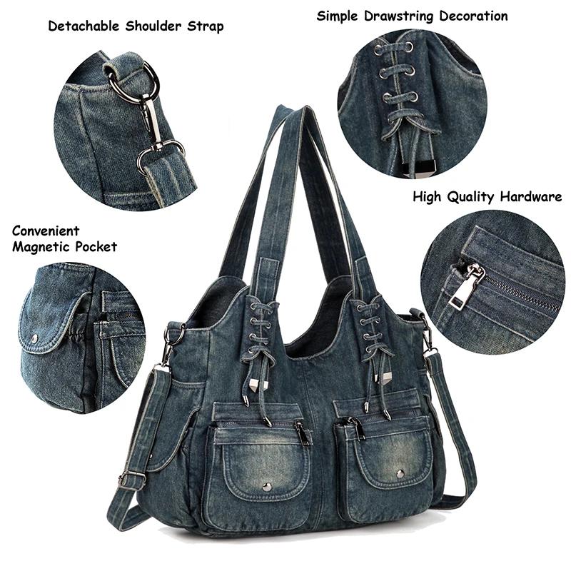 IPinee-Sac en jean bleu vintage pour femme, sac à main à bandoulière, portefeuille initié, grande ca
