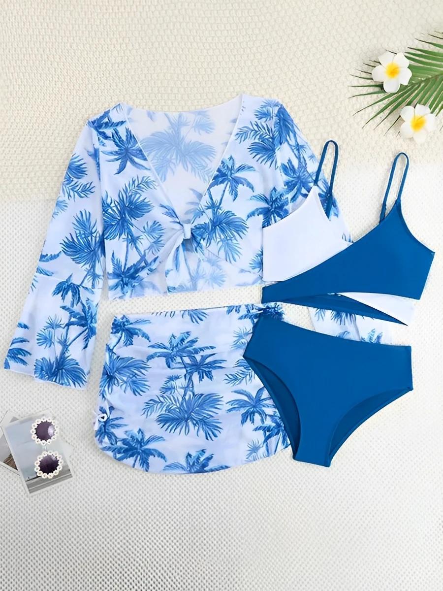 Ensemble 4 pièces haut de bikini et jupe 2026 pour filles, maillot de bain taille haute pour enfants