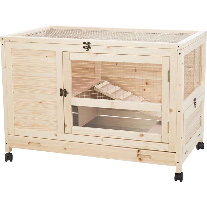 Lapin en bois à 2 niveaux pour l'extérieur, chalets avec rampe, roues, manipulation, mouvement, inst