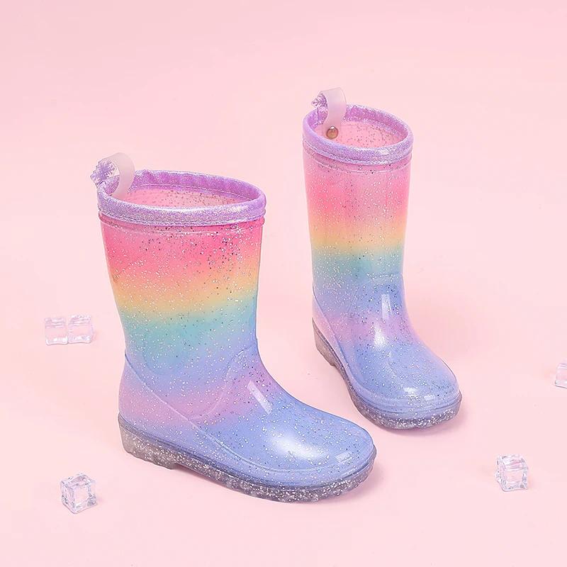Bottes de pluie pour filles mignonnes quatre saisons, dégradé arc-en-ciel, paillettes, imperméables,
