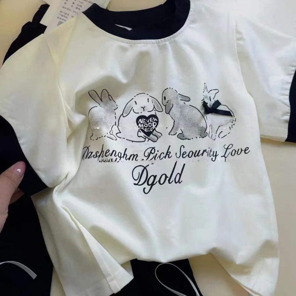 Bear Leader – vêtements de pâques décontractés pour filles, imprimé lapin, manches courtes + nœud en