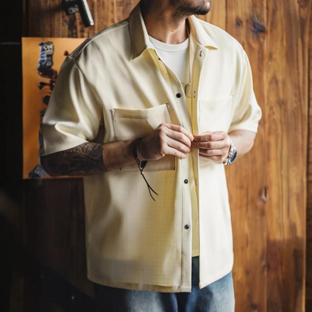 Maden-Chemise drapée sans repassage pour homme avec poche, chemise à manches courtes silhouette text