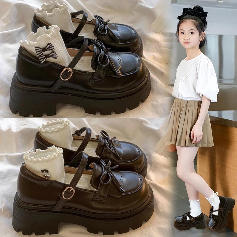 Chaussures enfants en cuir noir Mary Janes filles chaussures nœud semelle épaisse chaussures de fête