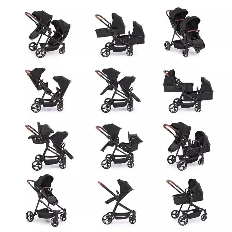 Poussette double neuve avec 2 sièges auto, poussette double multifonctionnelle légère et portable 3