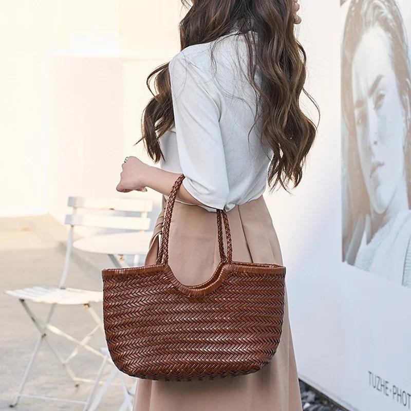 Sac fourre-tout tissé à la main de marque, grand panier à légumes en cuir véritable français avec po