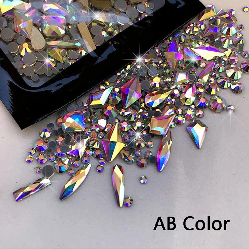 Strass pour ongles mixtes AB à dos plat, multi-formes AB/clair/rouge/or, cristal de luxe 9D SS3, Min