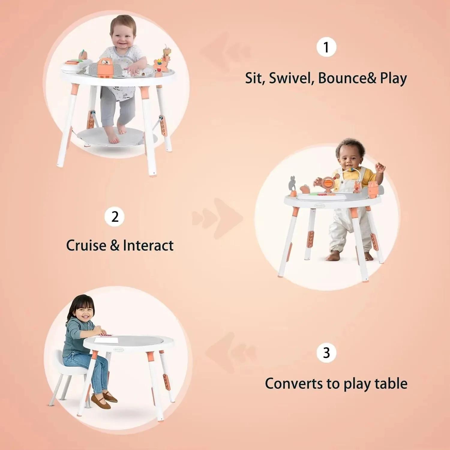 Centre d'activités et table sauteuse 3-en-1 pour bébé avec rotation à 360° ° Siège rotatif et joue
