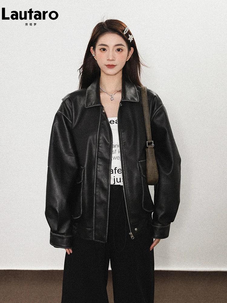 Lautaro printemps automne Cool beau doux Vintage en détresse marron Pu veste en cuir femmes à manche