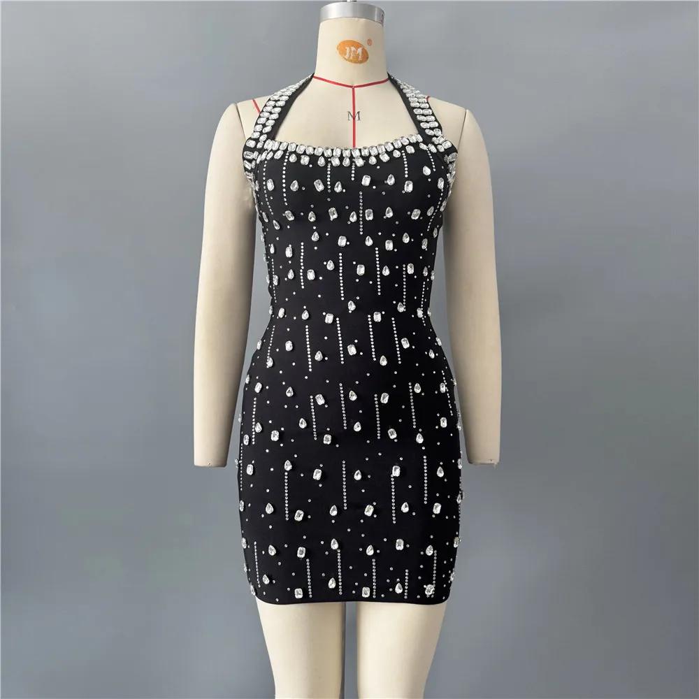 Robe de soirée mini pour femme, style halter, ornée de strass et de diamants, idéale pour les clubs