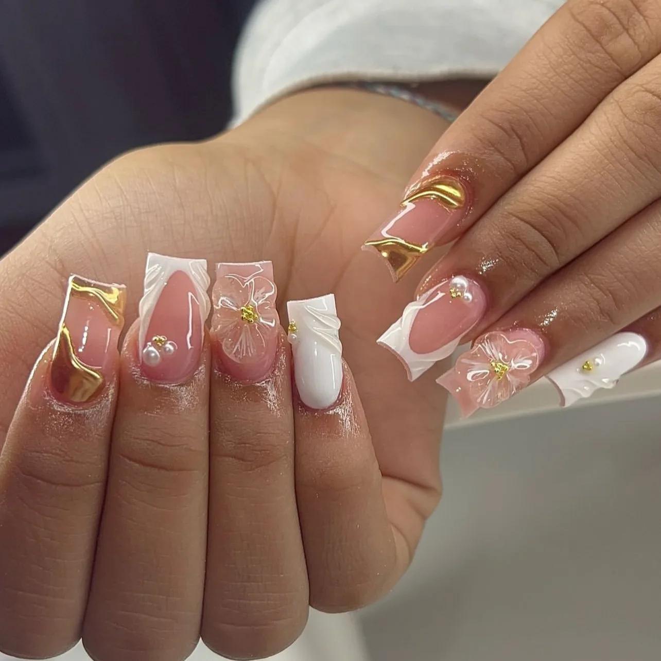 24 pièces Simple français presse sur faux ongles court carré presse sur ongles fleur strass faux ong