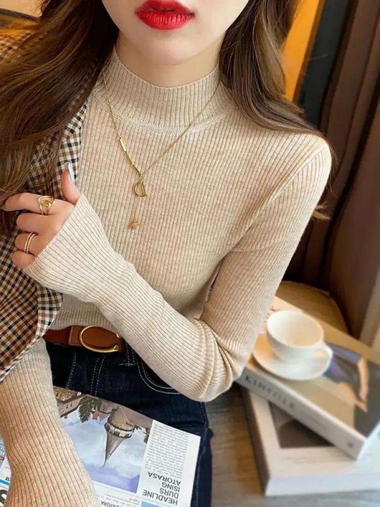 Automne hiver col montant femmes pull Vintage basique solide tricoté coréen hauts décontracté mince