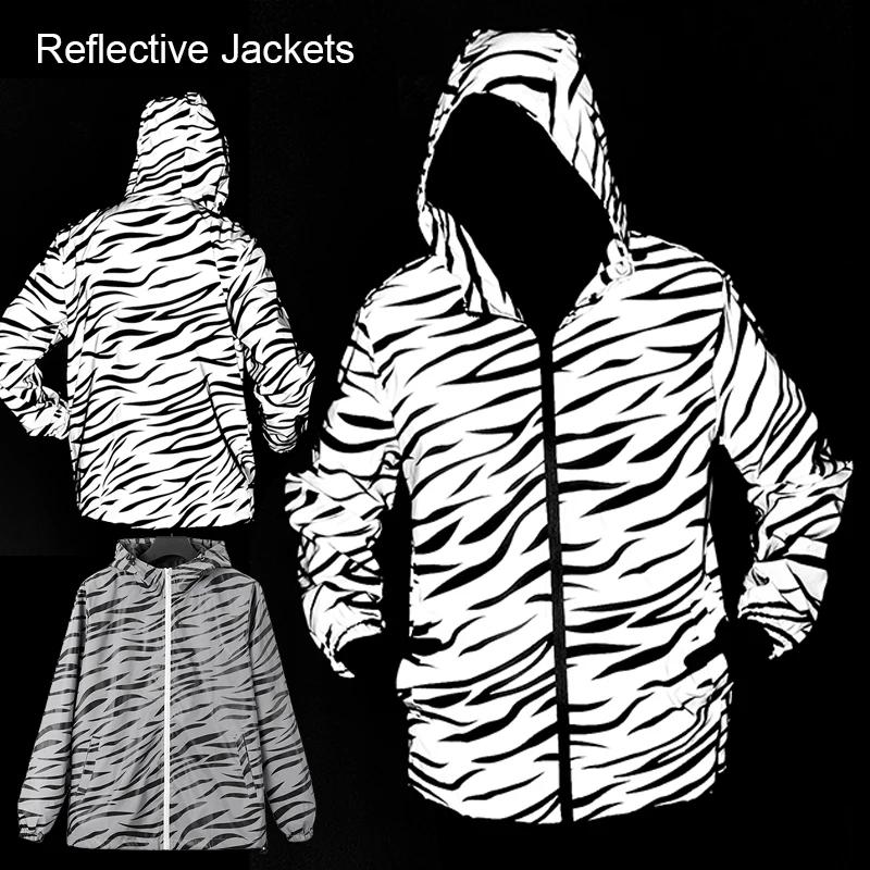 Vestes réfléchissantes imprimées zèbre pour hommes, Hip Hop, à capuche, mode, coupe-vent, lumineux,