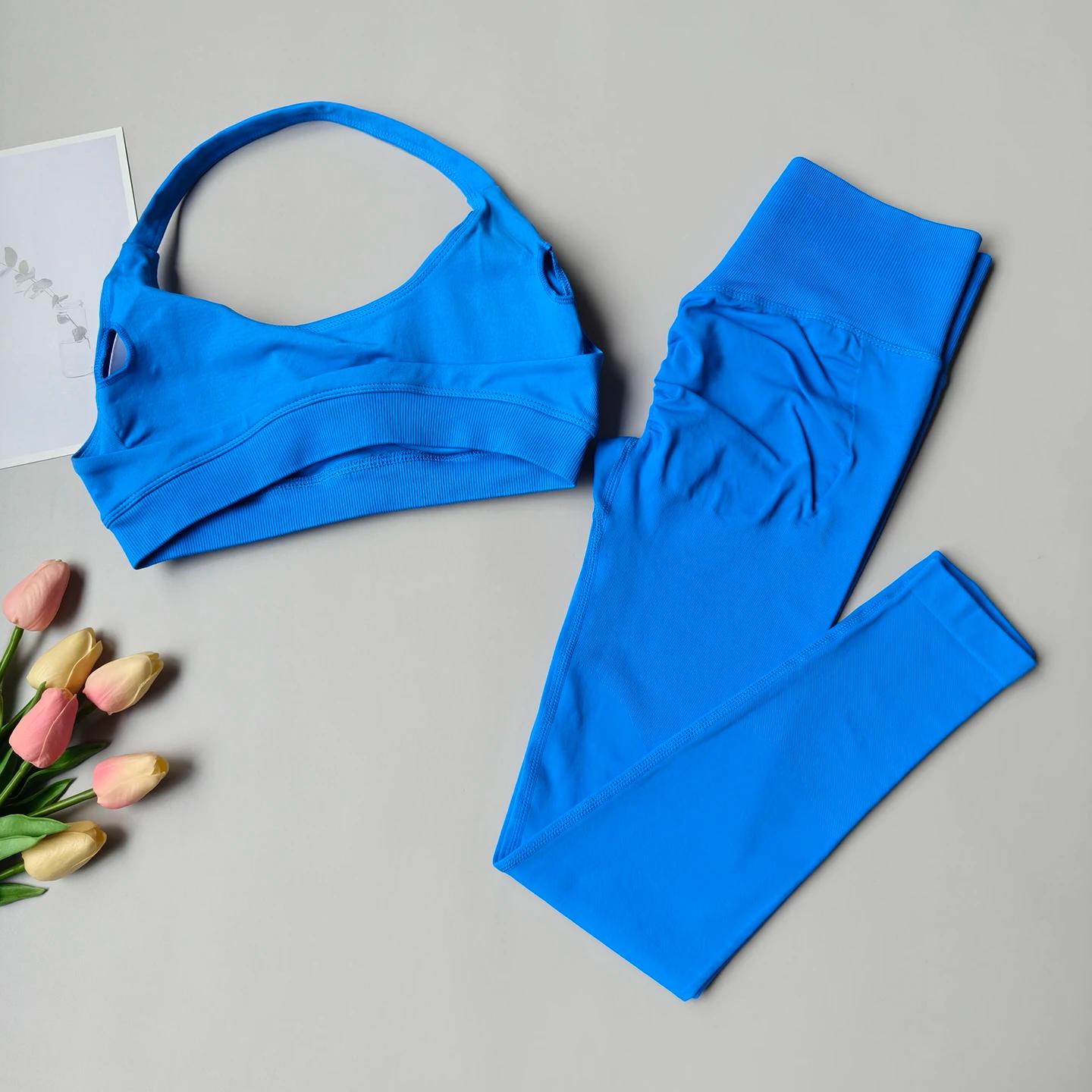 Combinaison de Yoga 2 pièces pour femmes, vêtements de Fitness sans couture, col licou, soutien-gorg