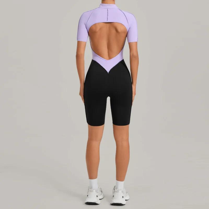 Combinaison de sport une pièce à fermeture éclair pour femme, dos en V, sans manches, dos nu, pour y