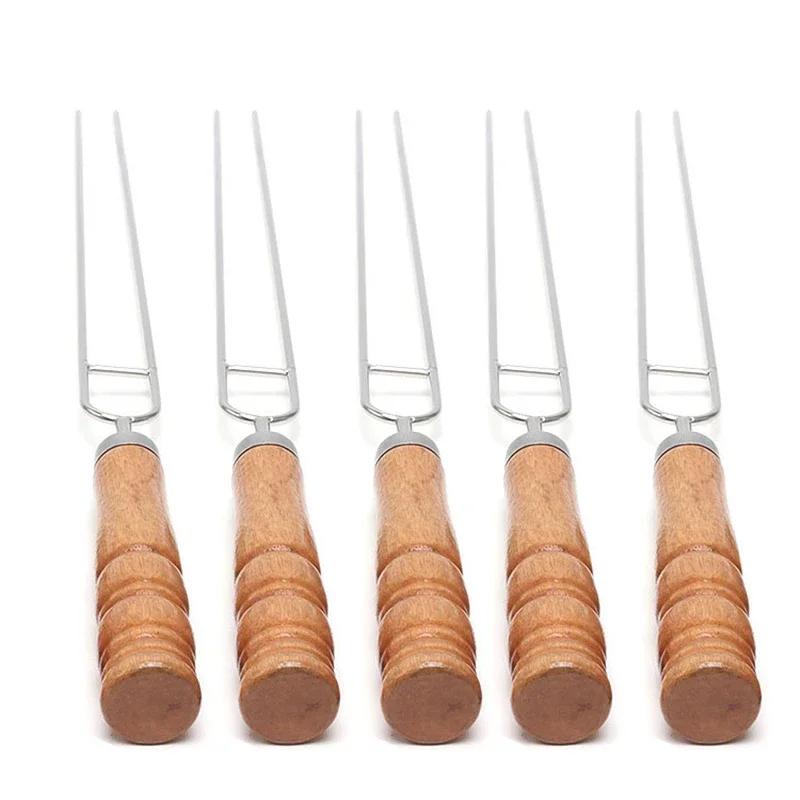 Brochettes de barbecue en fil d'acier inoxydable, manche en bois, bâtons de rôtissage pour gril, Cam
