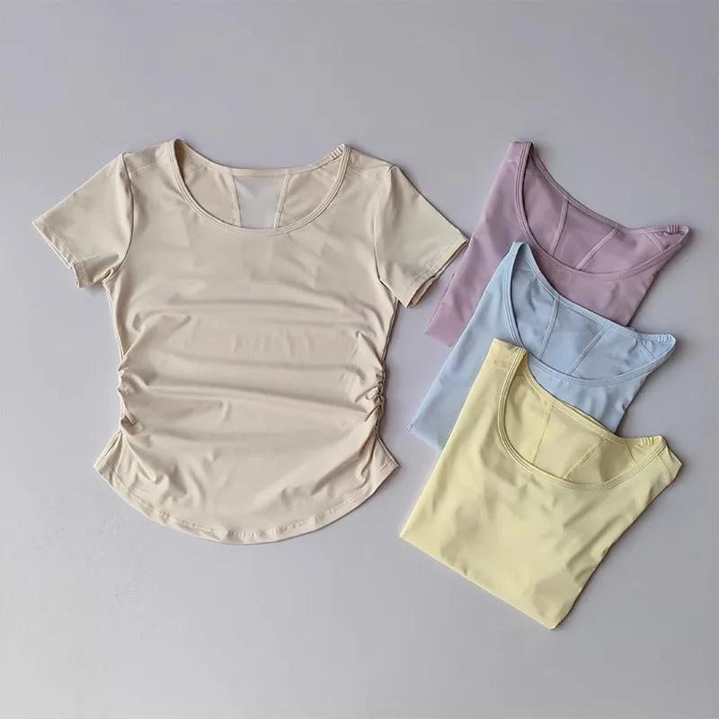 Haut de sport de Yoga d'été pour femmes, manches courtes, taille plissée, maille épissée, T-Shirt de