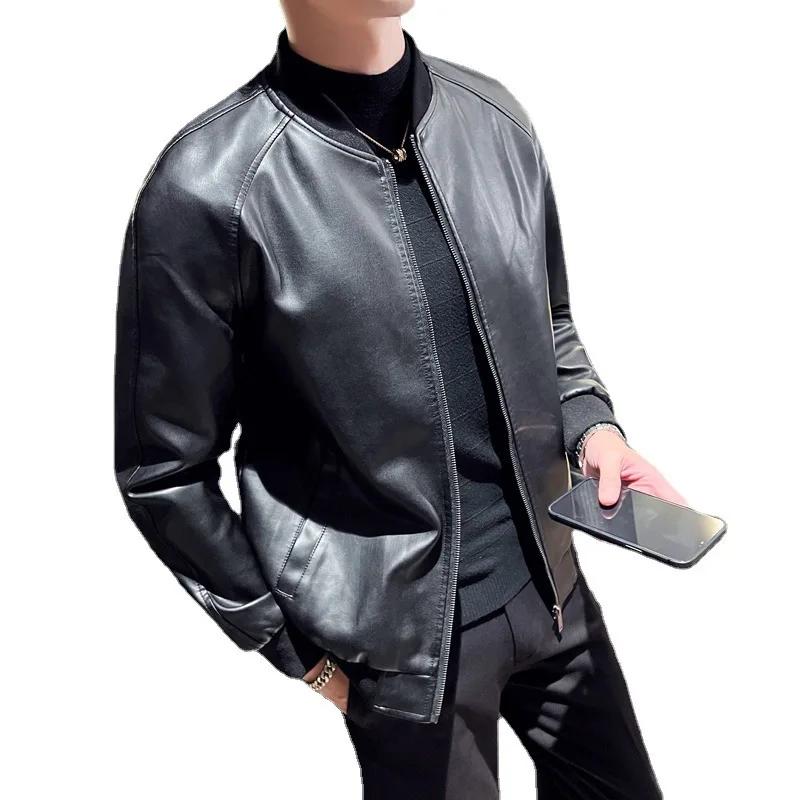 Nouvelle veste en similicuir pour homme, style motard, col montant, fermeture éclair, coupe ajustée,